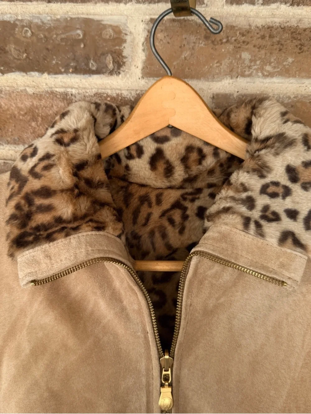 Vintage Winlet Suede Jacket with Leopard-Print Trim